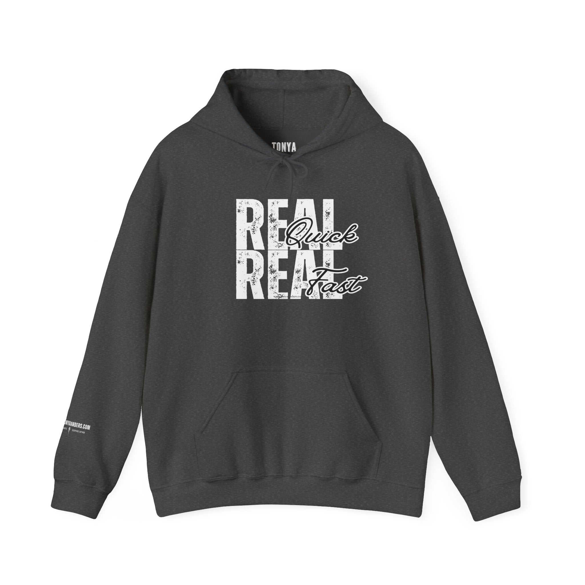 "Real Quick Real Fast" Hoodie (Dark)— Vintage Script Graphic Pullover