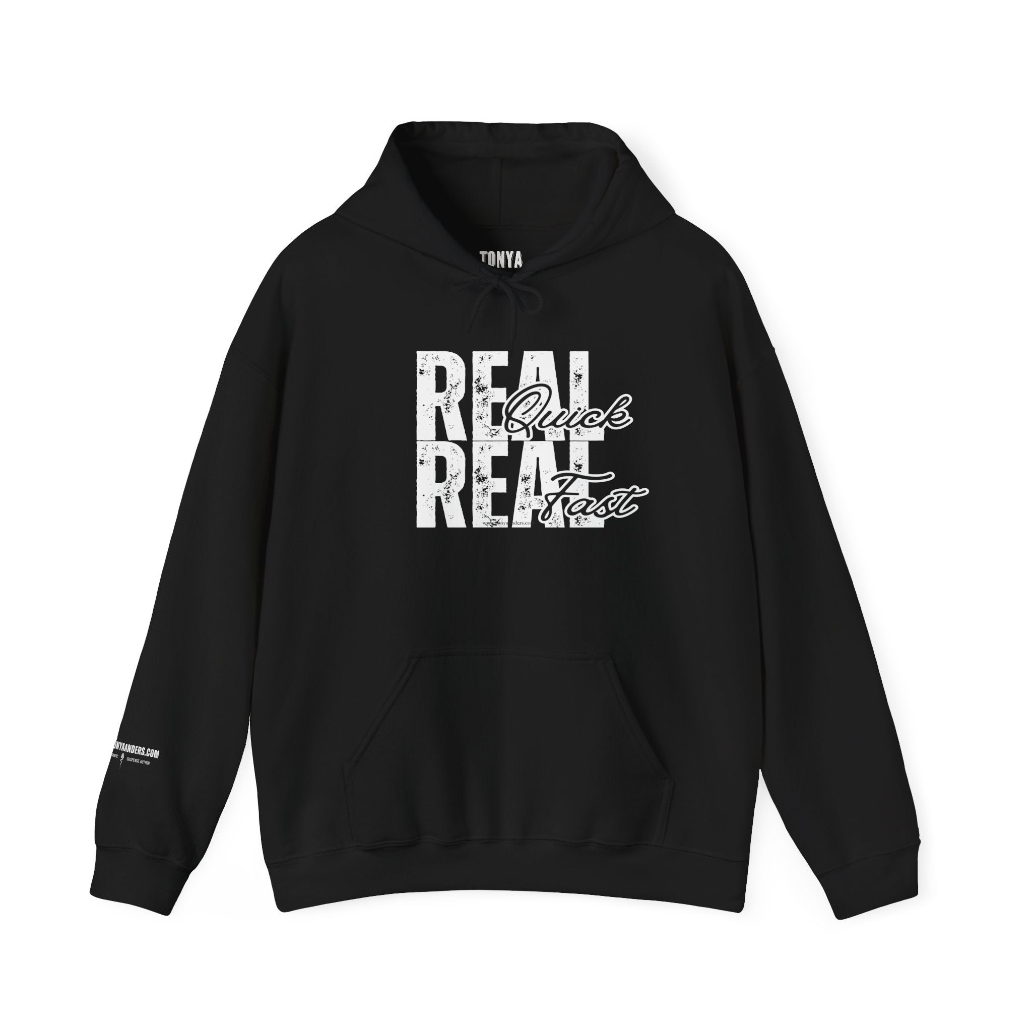 "Real Quick Real Fast" Hoodie (Dark)— Vintage Script Graphic Pullover