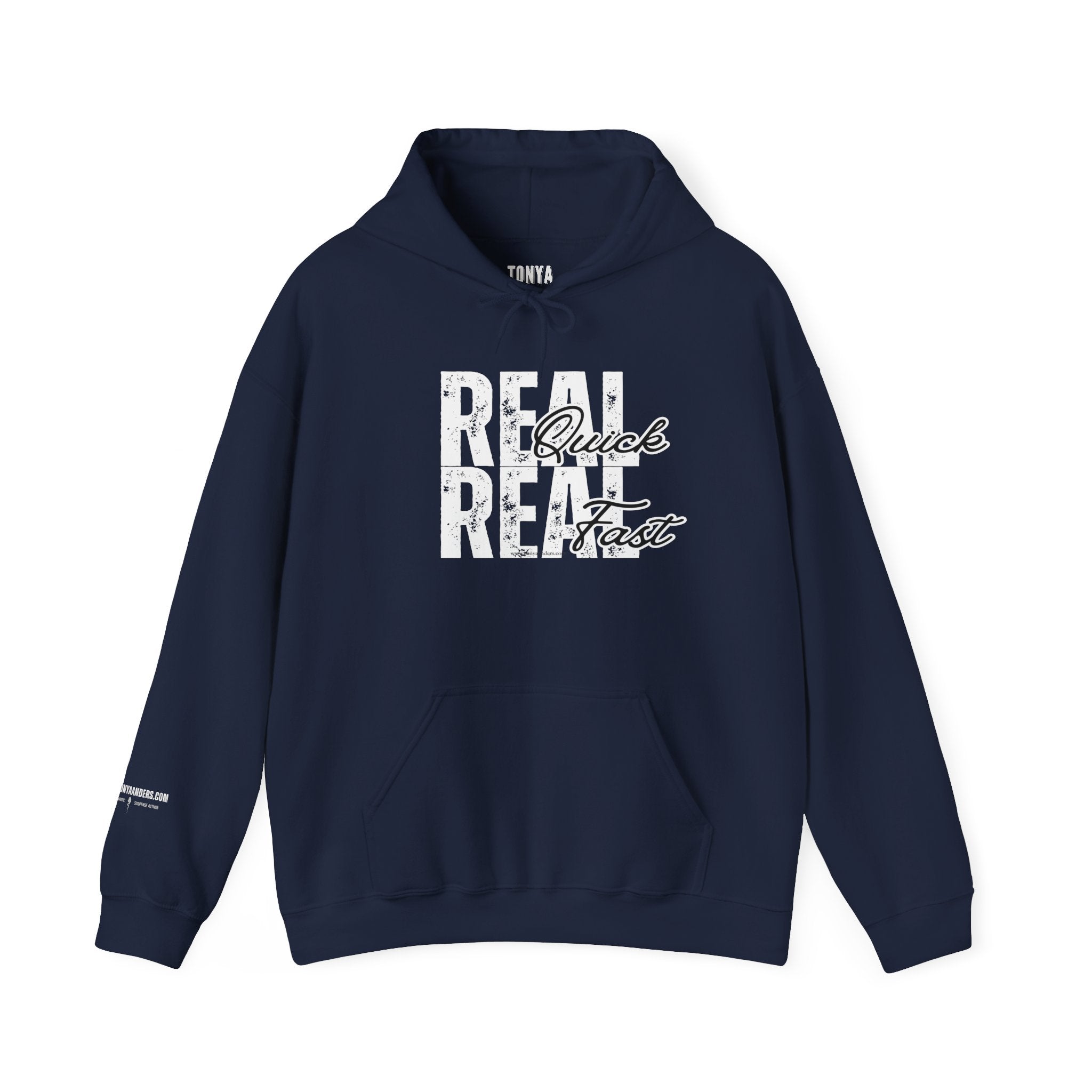 "Real Quick Real Fast" Hoodie (Dark)— Vintage Script Graphic Pullover